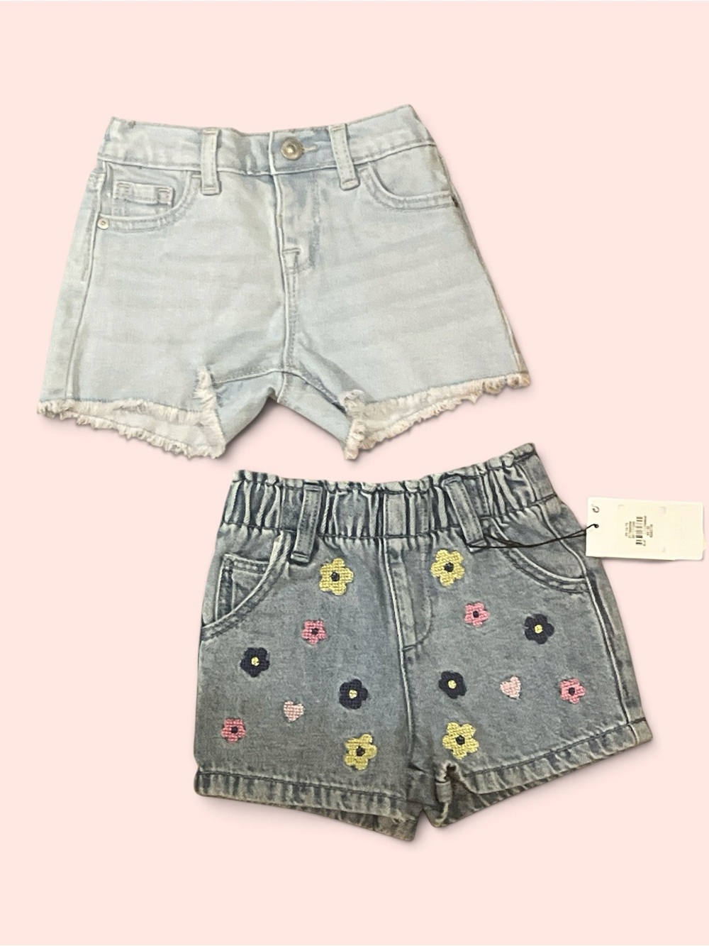 Kids Light Wash Denim Shorts & Embroidered Flower Denim Short Set - 18m